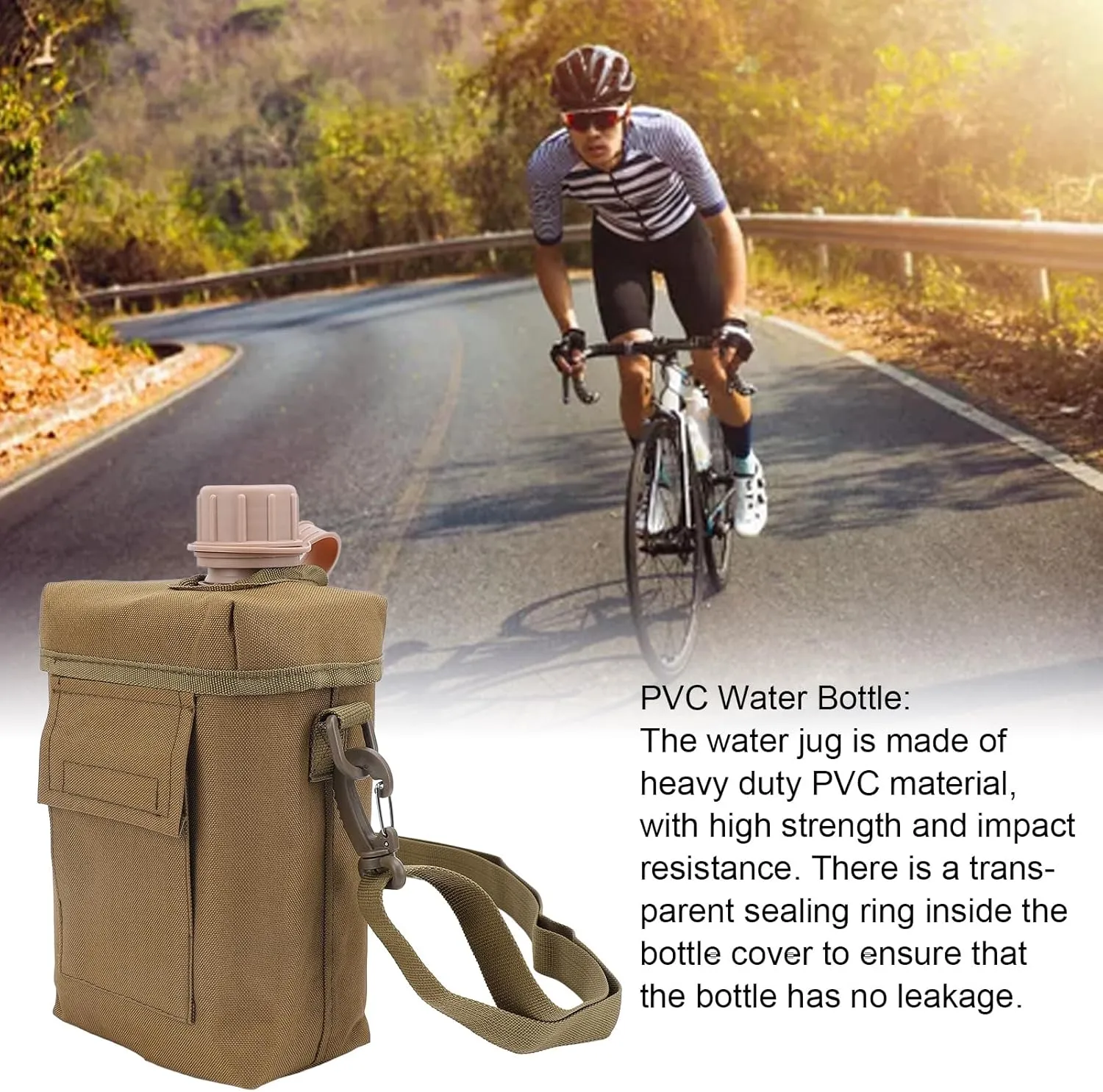 Outdoor Water Bottle - 2L Portable Water Canteen with Waist Bag, Multi Fuctional PVC Flat Camping Water Bottle for Military Surplus or Bushcraft Gear (Khaki)
