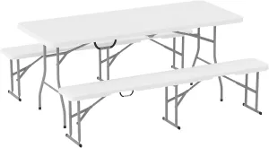 Outsunny 6FT 3-Piece Portable Picnic Table Bench Set, Folding Camping Table and Chairs with Carrying Handles for Indoor Outdoor Use, Camping, BBQ, Party, Event, White