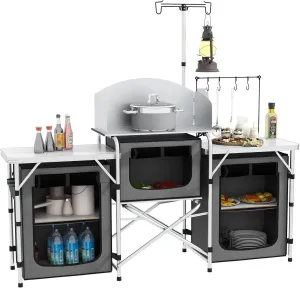 Outsunny Camping Kitchen Table, Portable Folding Camp Kitchen, Aluminum Cook Station with 3 Fabric Cupboards, Windshield, Carrying Bag for BBQ, RV, Picnic, Gray
