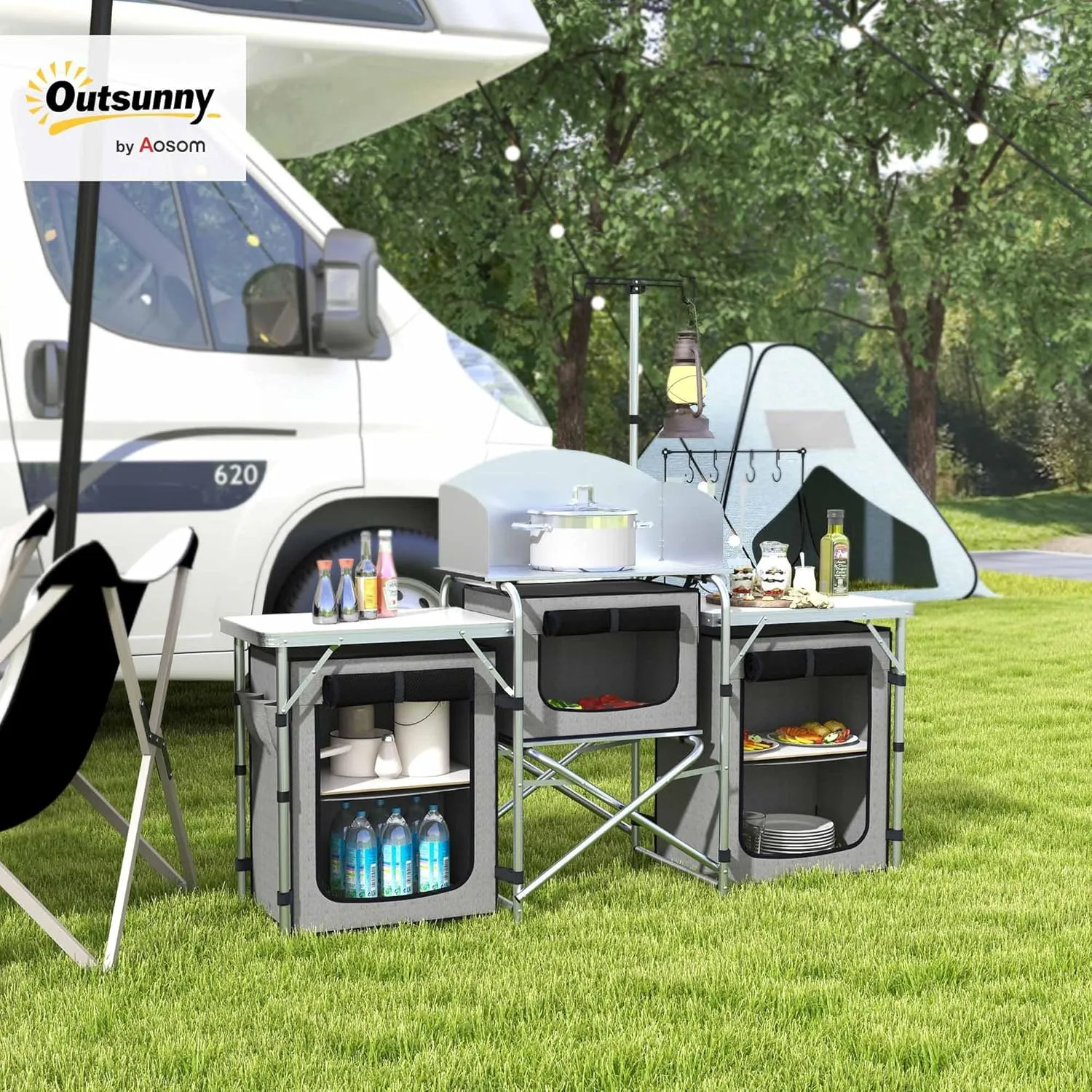 Outsunny Camping Kitchen Table, Portable Folding Camp Kitchen, Aluminum Cook Station with 3 Fabric Cupboards, Windshield, Carrying Bag for BBQ, RV, Picnic, Gray