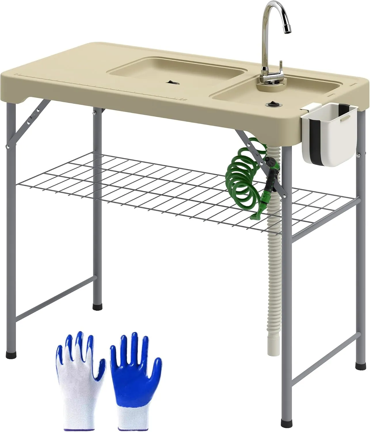 Outsunny Folding Fish Cleaning Table with Sinks, Portable Camping Sink Table with Faucet, Drainage Hose, Sprayer, Shelf, Drawer and Storage Basket, Outdoor Fillet Table for Picnic Beach Patio, Tan