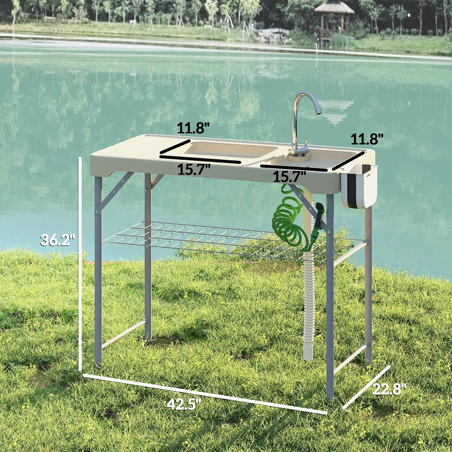 Outsunny Folding Fish Cleaning Table with Sinks, Portable Camping Sink Table with Faucet, Drainage Hose, Sprayer, Shelf, Drawer and Storage Basket, Outdoor Fillet Table for Picnic Beach Patio, Tan