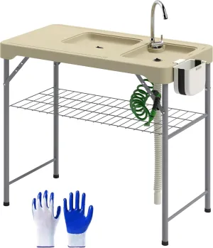 Outsunny Folding Fish Cleaning Table with Sinks, Portable Camping Sink Table with Faucet, Drainage Hose, Sprayer, Shelf, Drawer and Storage Basket, Outdoor Fillet Table for Picnic Beach Patio, Tan
