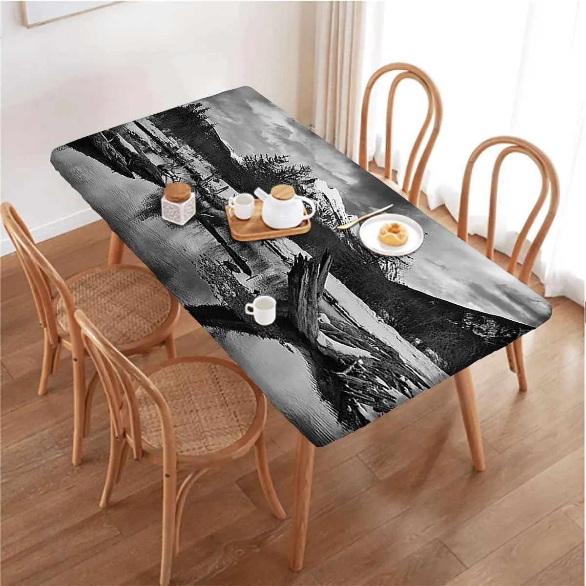 Pale Grey Fitted Table Cover for Square Tables in The Lake of The Mountain Forest Waterproof Wipeable Table Covers for Indoor, Outdoor Branch Tree Fits up 4 Foot Tables