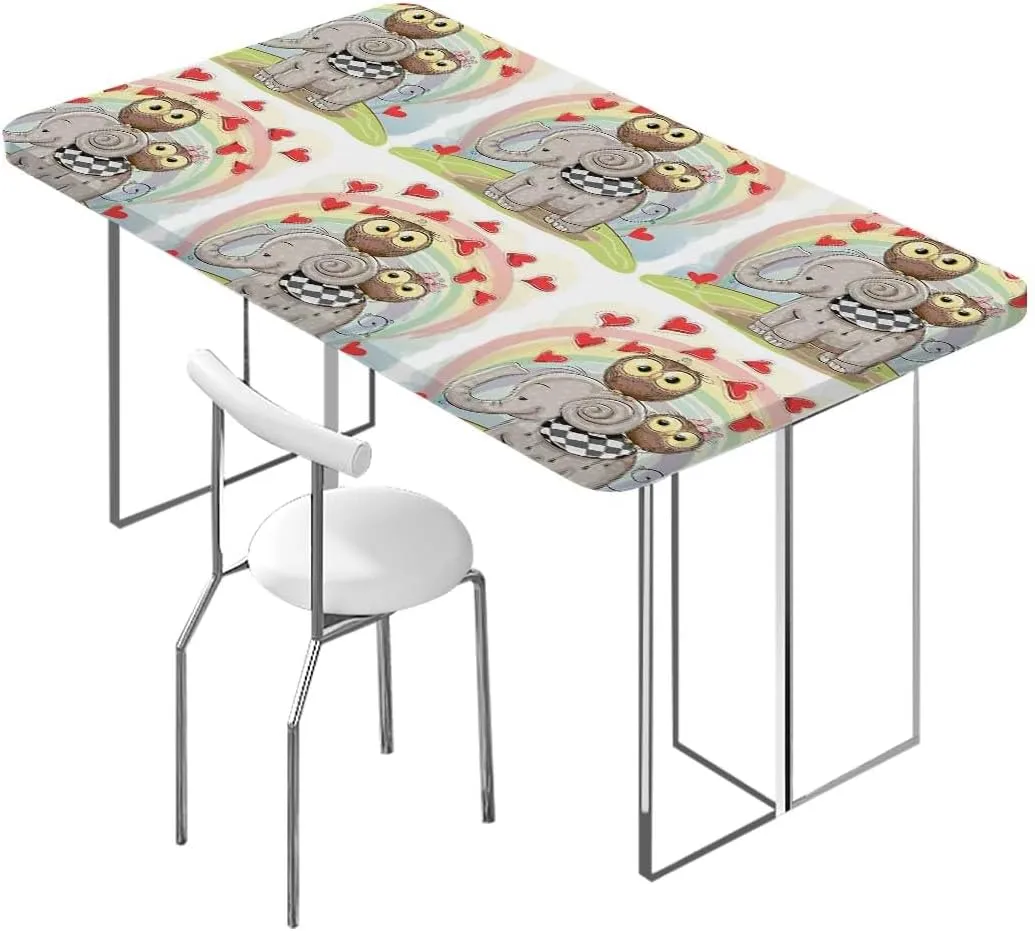 Pale Taupe Tablecloth for Folding Table Cartoon Owls Image Elastic Edged Table Cover for Farm Kitchen Dining Picnic Coffee Patio Decor Animal Family Fits up 4 Foot Tables