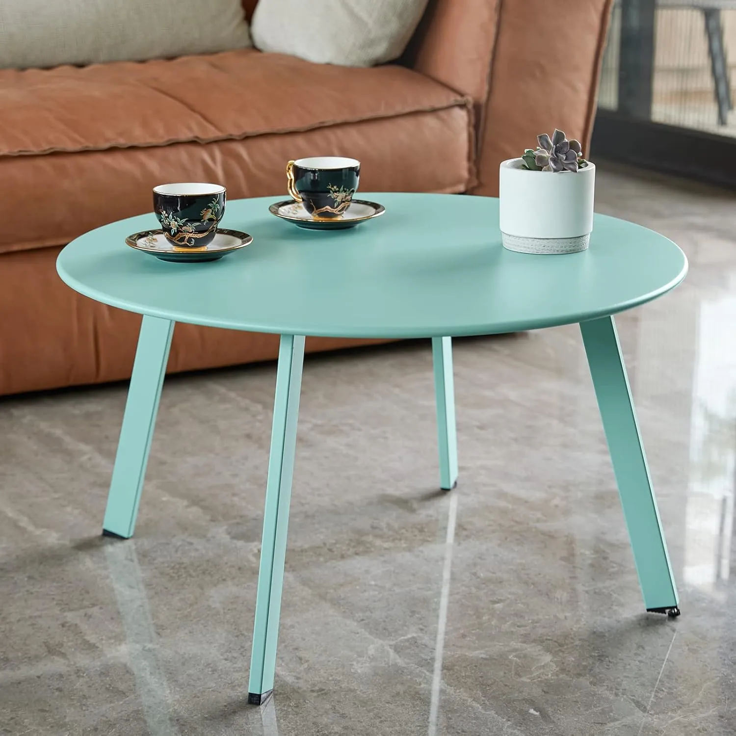 Patio Coffee Table, Metal Steel Outdoor Round Table Weather Resistant Anti-Rust Outdoor Table, Green