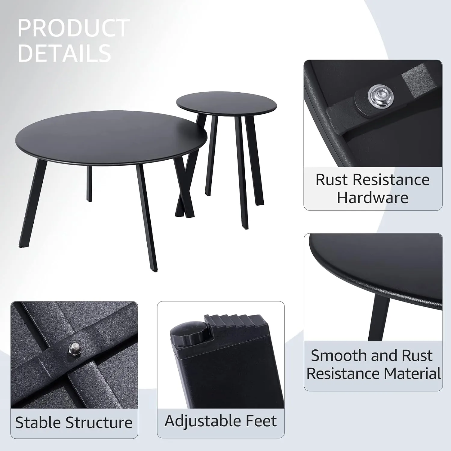 Patio Coffee Table Set of 2, Weather Resistant Outdoor Round End Table, Nesting Tables for Living Room Balcony Office, Black