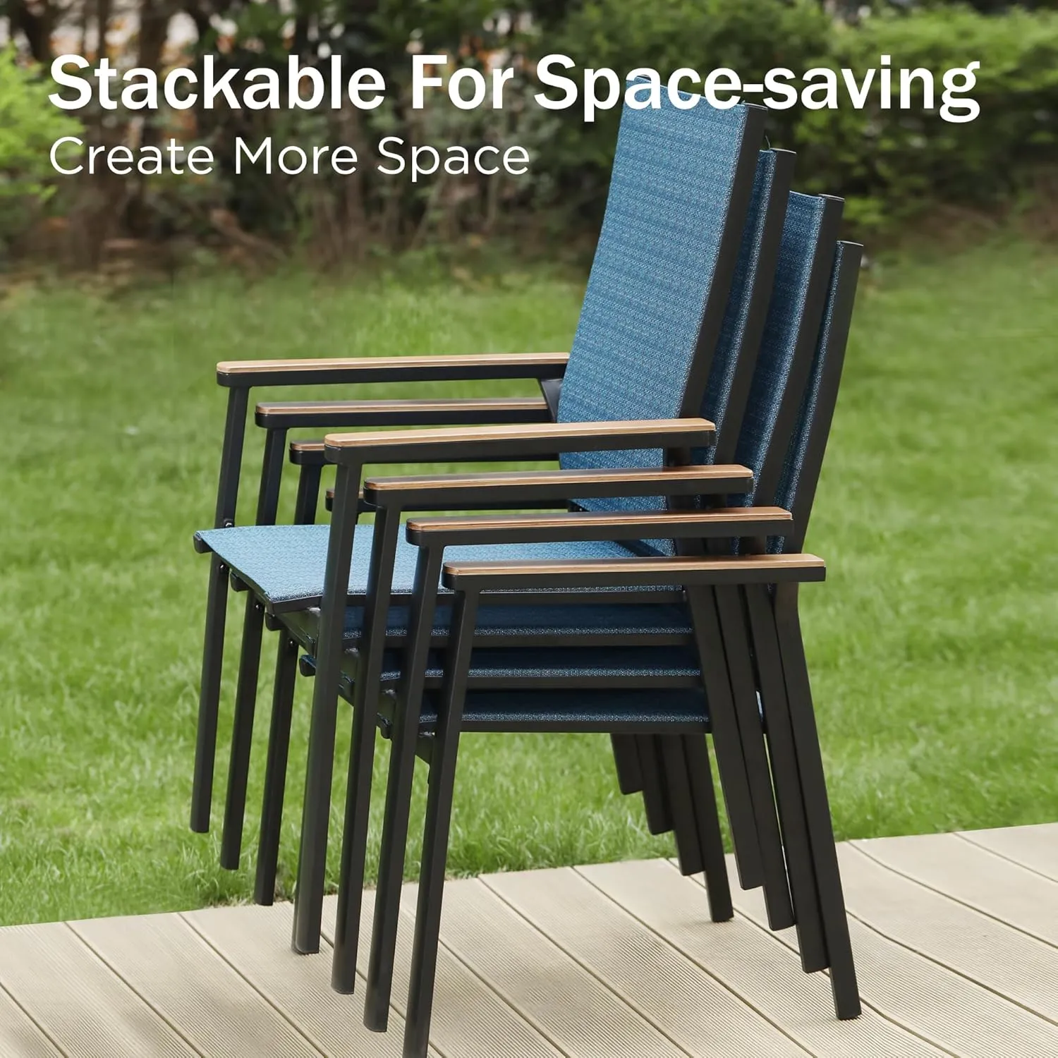 PHI VILLA Outdoor Stackable Dining Chairs Set of 4（Blue,Lightweight Aluminum Frame with Textilene Fabric & Wider Armrest,Easy to Store,Patio Chairs for Garden,Lawn