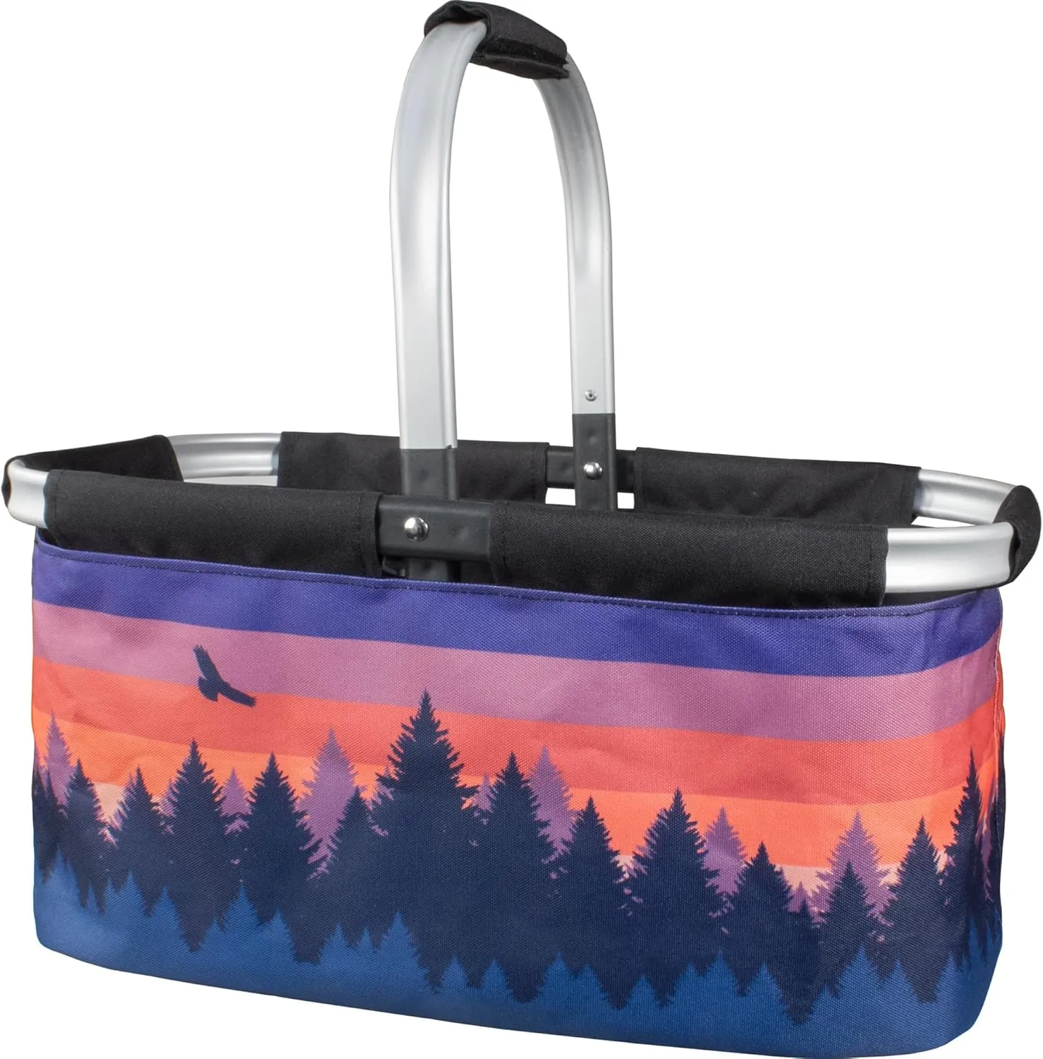 Picnic Basket for Camping - Collapsable Picnic Basket for Picnics, Grocery, & Festivals - Sturdy Food Picnic Basket with Zipper Pocket & Built-in Clip - 16” x 17” Scenic Sunset Basket, Camp Casual