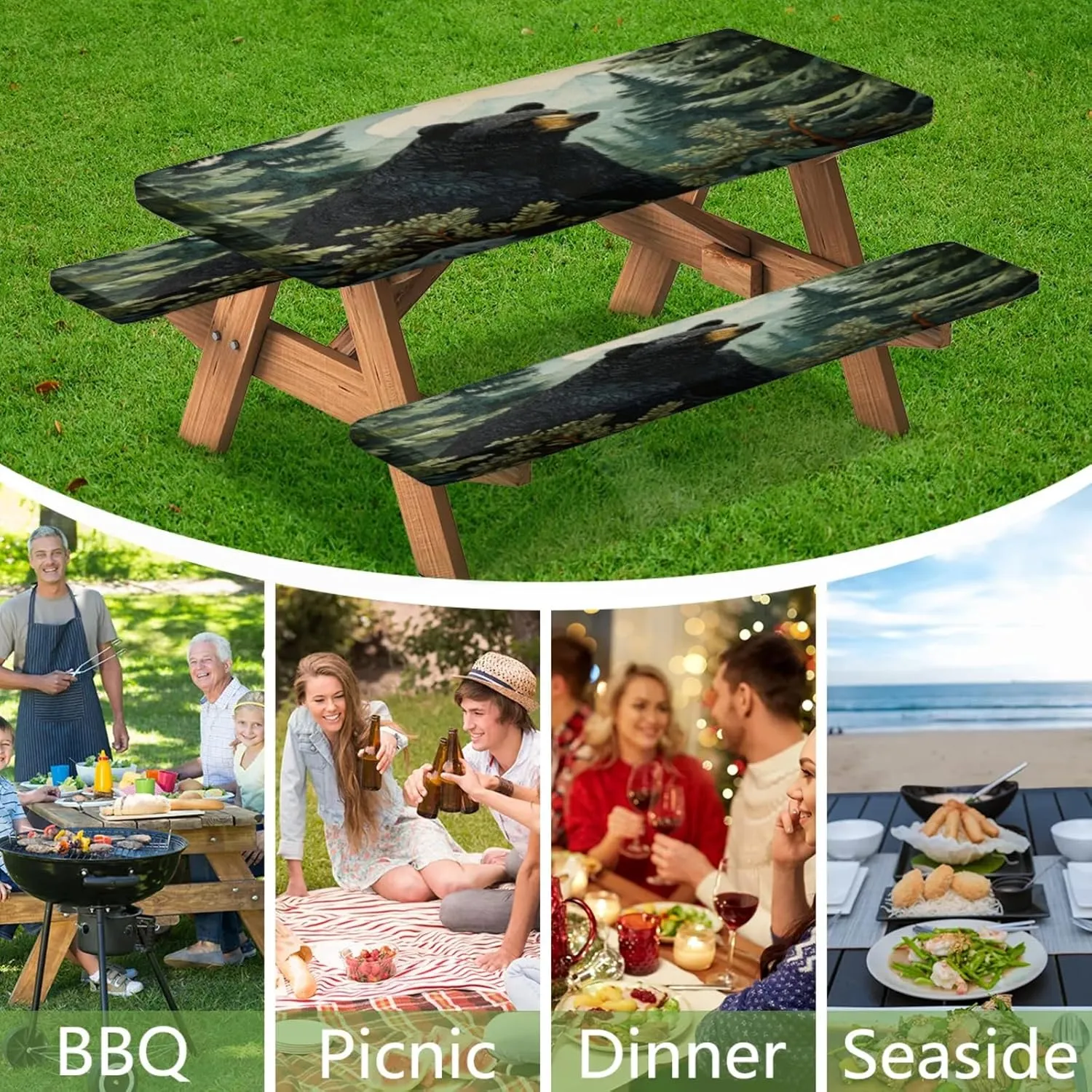 Picnic Table Cover with Bench Covers, Black Bear Forest Wild Animals Fitted Camping Tablecloth with Elastic Edges, Outdoor Waterproof Rectangle Table Cloth, 72x30 Inch 3 Pcs Set
