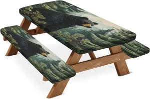 Picnic Table Cover with Bench Covers, Black Bear Forest Wild Animals Fitted Camping Tablecloth with Elastic Edges, Outdoor Waterproof Rectangle Table Cloth, 72x30 Inch 3 Pcs Set