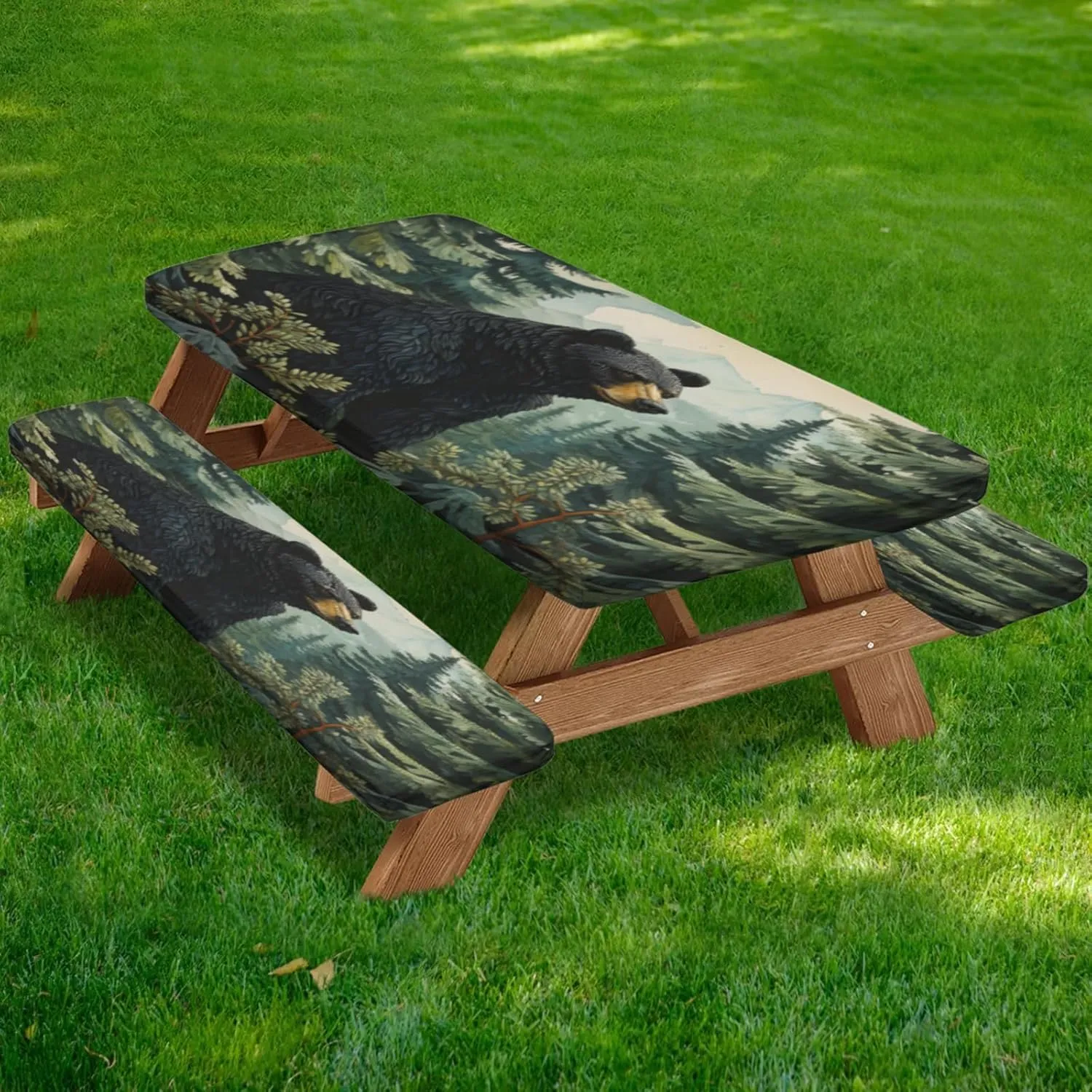 Picnic Table Cover with Bench Covers, Black Bear Forest Wild Animals Fitted Camping Tablecloth with Elastic Edges, Outdoor Waterproof Rectangle Table Cloth, 72x30 Inch 3 Pcs Set