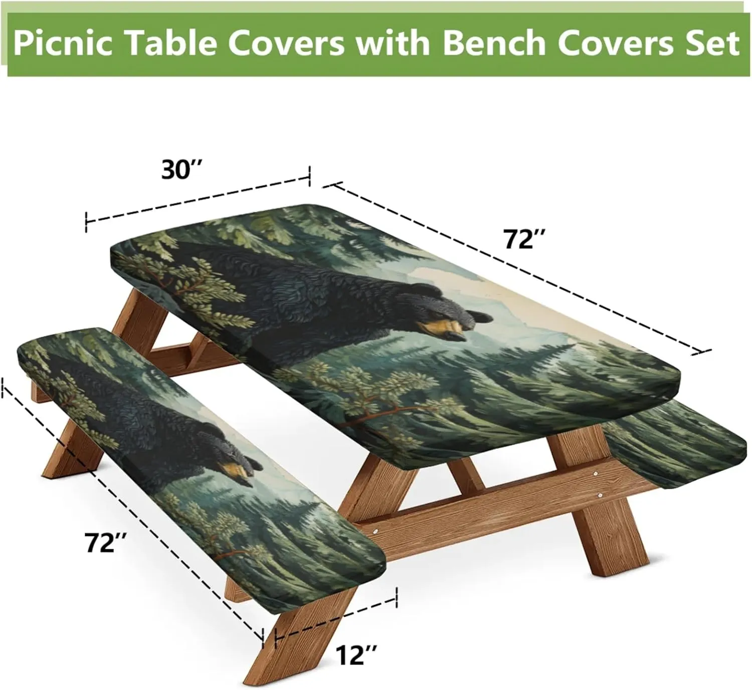 Picnic Table Cover with Bench Covers, Black Bear Forest Wild Animals Fitted Camping Tablecloth with Elastic Edges, Outdoor Waterproof Rectangle Table Cloth, 72x30 Inch 3 Pcs Set