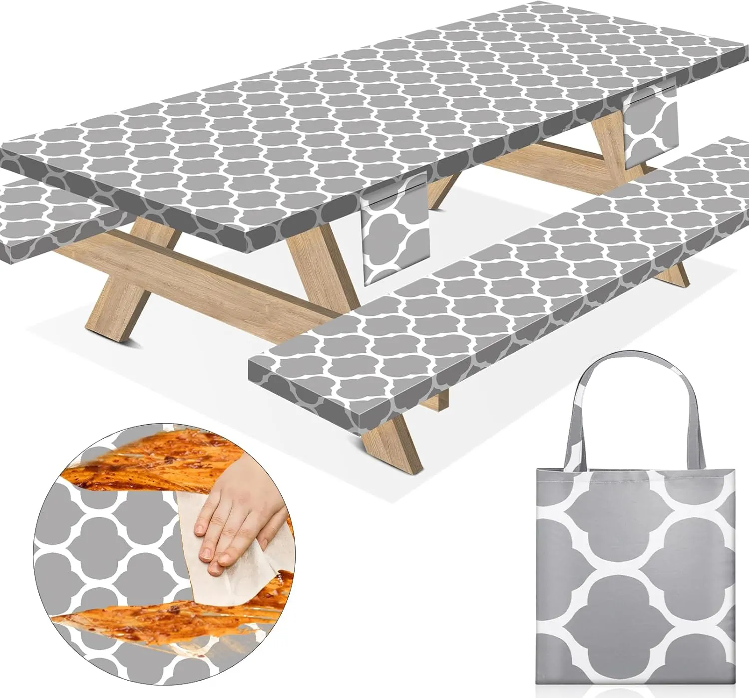 Picnic Table Cover with Bench Covers Elastic Camping Tablecloth Fitted Waterproof Table Cloths for 8 Foot Rectangle Tables Travel Essentials Outdoor RV Accessories Gifts for Travel Trailers