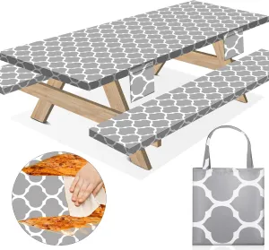 Picnic Table Cover with Bench Covers Elastic Camping Tablecloth Fitted Waterproof Table Cloths for 8 Foot Rectangle Tables Travel Essentials Outdoor RV Accessories Gifts for Travel Trailers