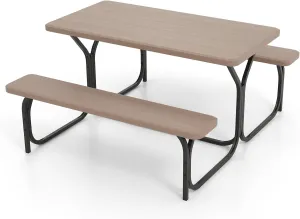 Picnic Table, Portable Picnic Table Bench Set w/Steel Frame, All-Weather Tabletop & Seats, Wood-Like Heavy Duty Picnic Tables for Outdoors Backyard Patio Dining Party Garden Lawn (Brown)