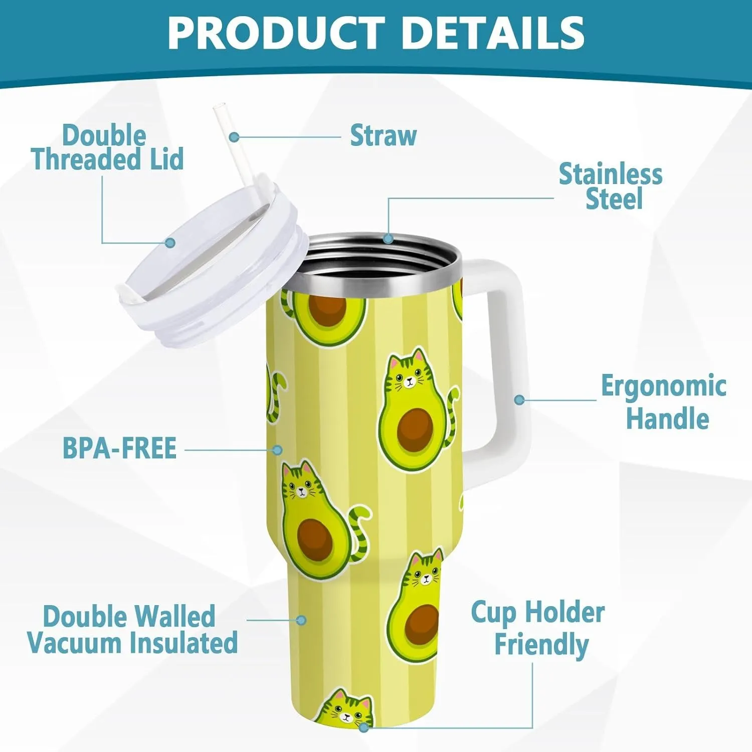 Poeticcity Stainless Steel Car Travel Mug, Thermal Tumbler Insulated Water Bottle Hot Holder Vacuum Coffee Cold Tea Cup 40 oz Cute Cartoon Avocados with Cat Muzzle, Ears and Tail Green Style
