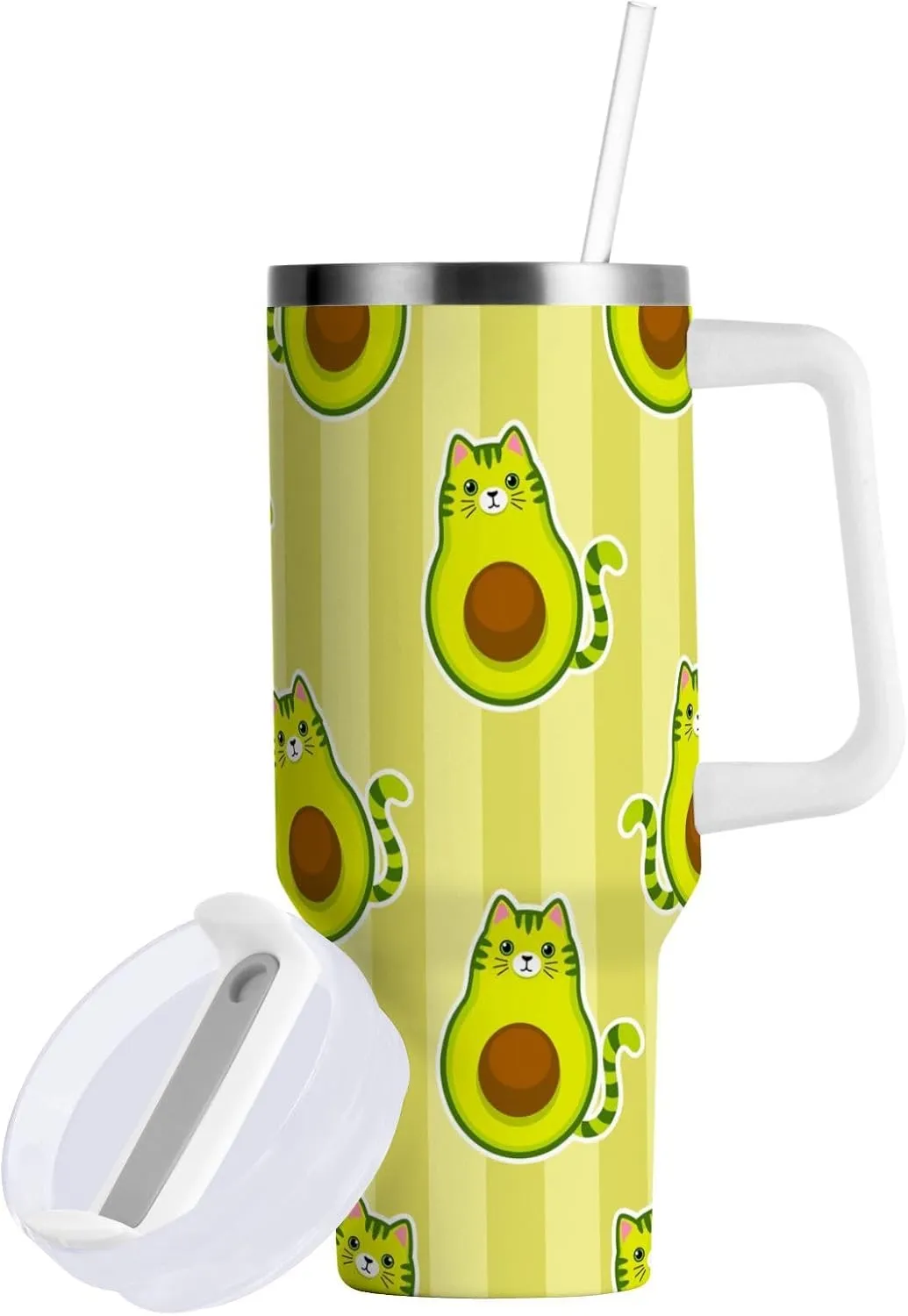 Poeticcity Stainless Steel Car Travel Mug, Thermal Tumbler Insulated Water Bottle Hot Holder Vacuum Coffee Cold Tea Cup 40 oz Cute Cartoon Avocados with Cat Muzzle, Ears and Tail Green Style