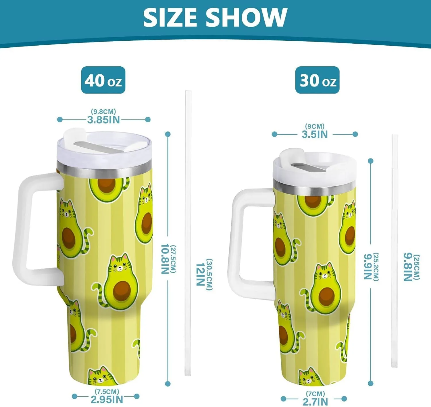 Poeticcity Stainless Steel Car Travel Mug, Thermal Tumbler Insulated Water Bottle Hot Holder Vacuum Coffee Cold Tea Cup 40 oz Cute Cartoon Avocados with Cat Muzzle, Ears and Tail Green Style