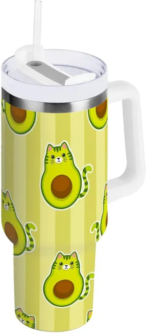Poeticcity Stainless Steel Car Travel Mug, Thermal Tumbler Insulated Water Bottle Hot Holder Vacuum Coffee Cold Tea Cup 40 oz Cute Cartoon Avocados with Cat Muzzle, Ears and Tail Green Style