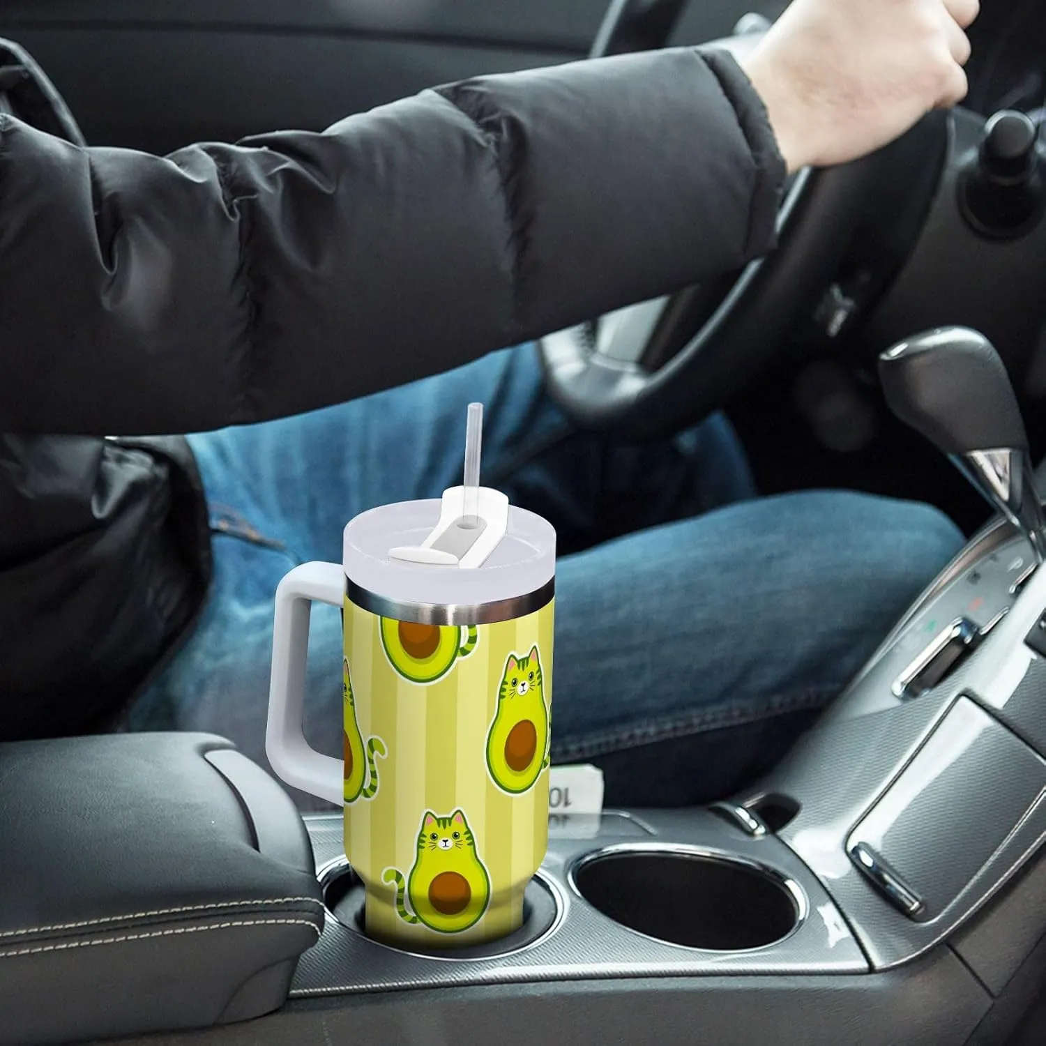 Poeticcity Stainless Steel Car Travel Mug, Thermal Tumbler Insulated Water Bottle Hot Holder Vacuum Coffee Cold Tea Cup 40 oz Cute Cartoon Avocados with Cat Muzzle, Ears and Tail Green Style