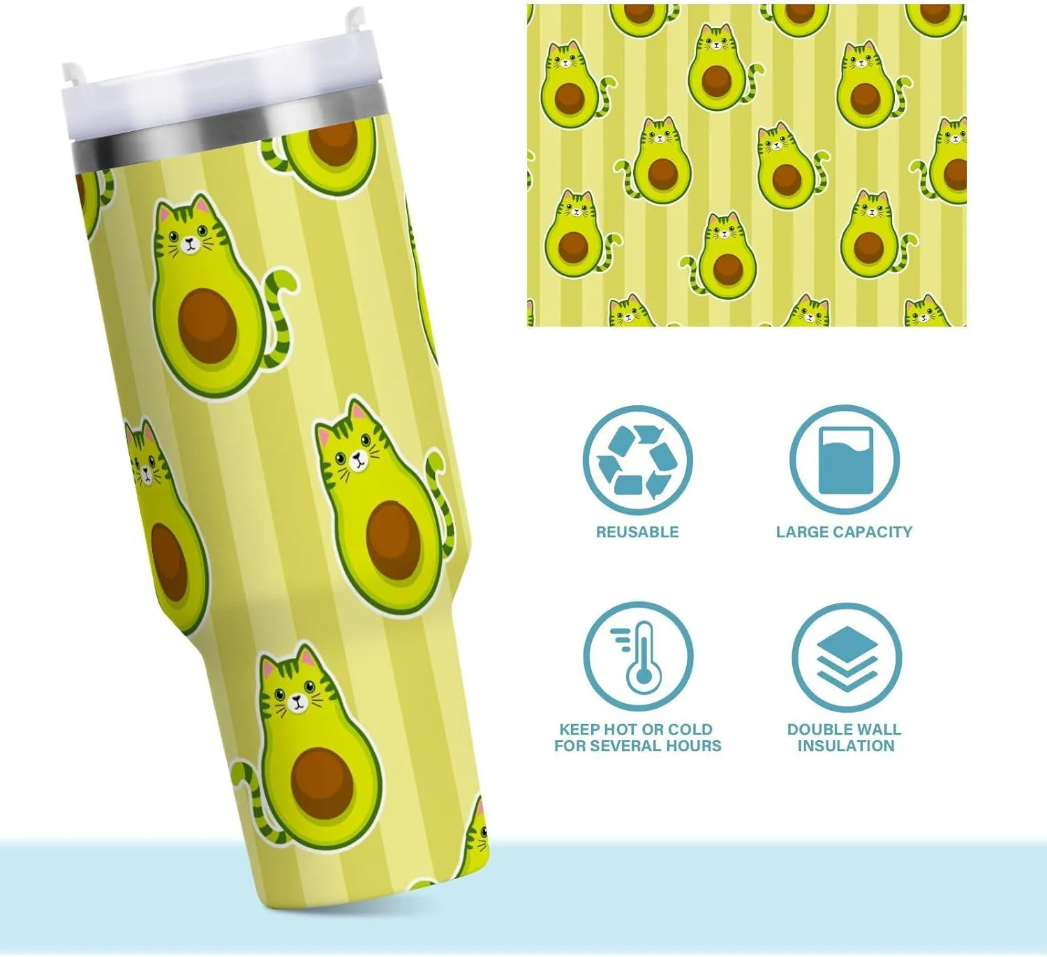Poeticcity Stainless Steel Car Travel Mug, Thermal Tumbler Insulated Water Bottle Hot Holder Vacuum Coffee Cold Tea Cup 40 oz Cute Cartoon Avocados with Cat Muzzle, Ears and Tail Green Style