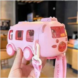 Portable Bear Water Bottle with Shoulder Strap Kid Cute Car Straw Water Cup Bus Shape Children's Water Bottle 500ml Drinking Cup(Pink)