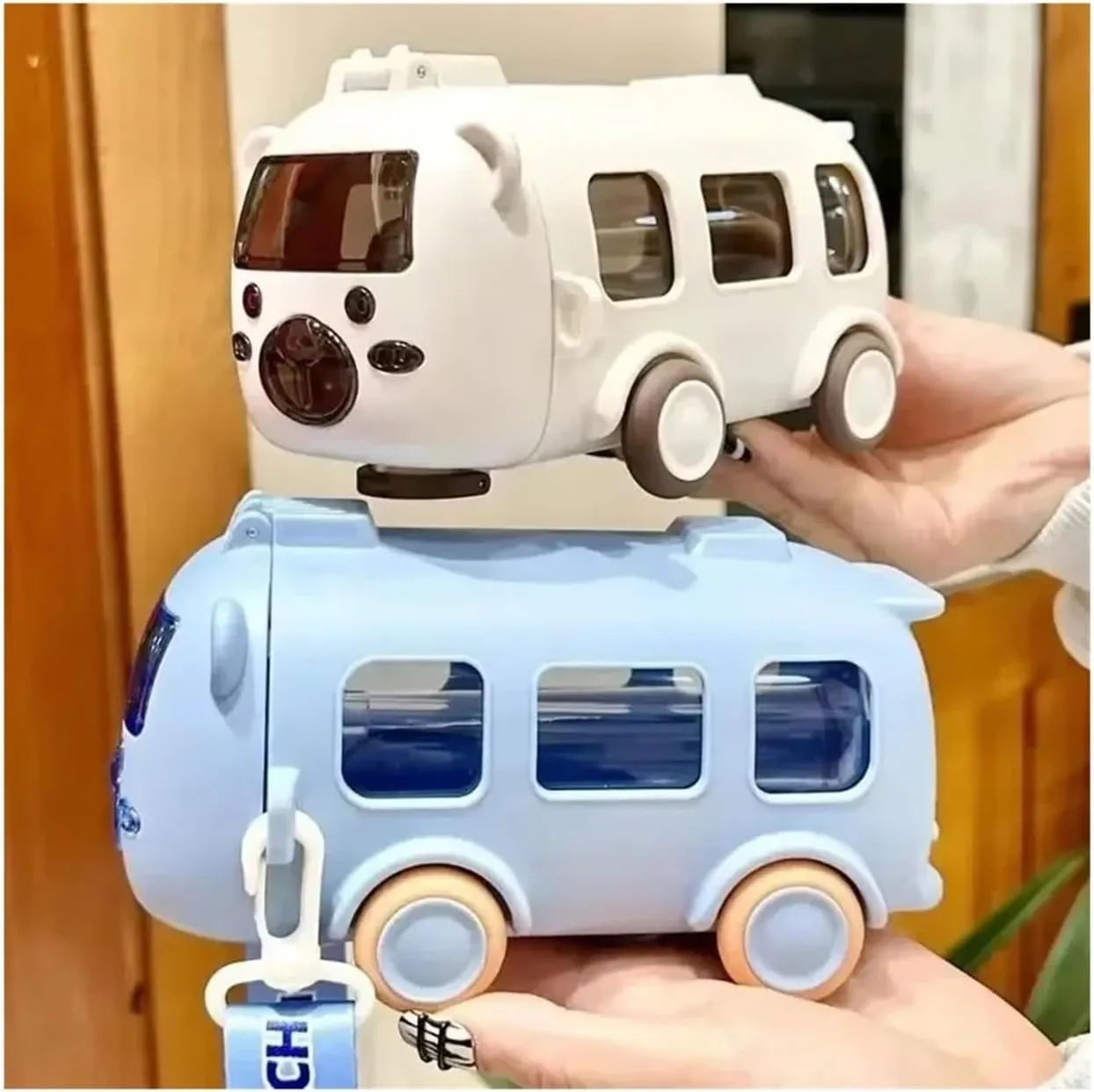 Portable Bear Water Bottle with Shoulder Strap Kid Cute Car Straw Water Cup Bus Shape Children's Water Bottle 500ml Drinking Cup(Pink)