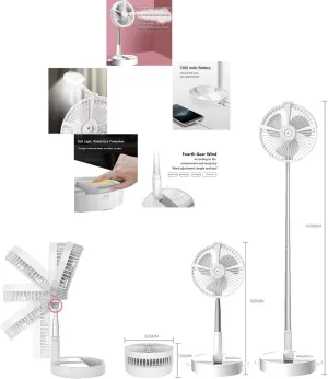 Portable desktop Fan with Round light, Height Adjustable Folding Floor Fan via Mister, 7200mAh Rechargeable Travel Fan / 4 Wind Speeds Air Humidifier Night Light for Outdoor Camping fishing (White)