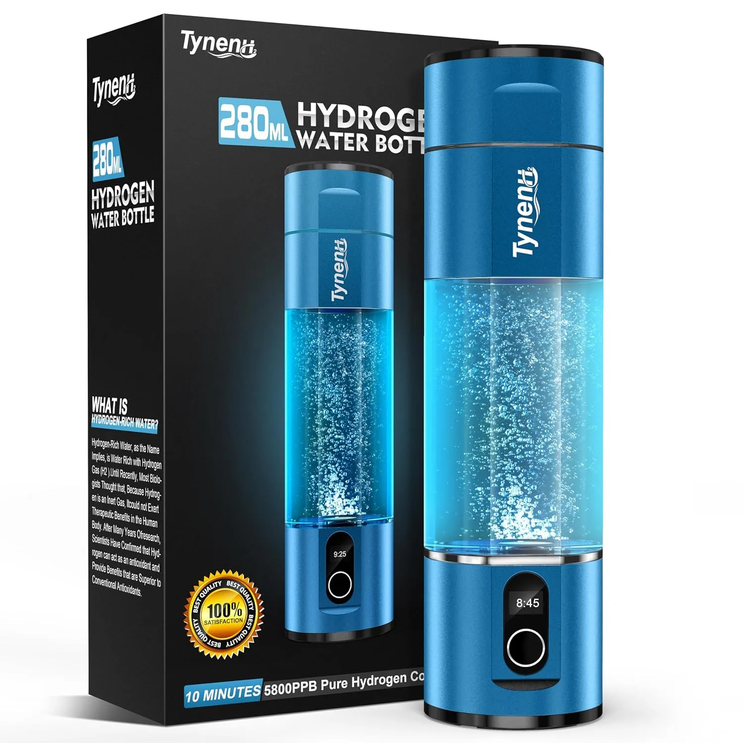 Portable Hydrogen Water Bottle Generator: 280ML Water lonizer Machine with 5800PPB ,SPE/PEM Technology,5/10min,Rechargeable Aquahealth Hydrogen Water,for Travel,Office Fitness Drinking(Blue)
