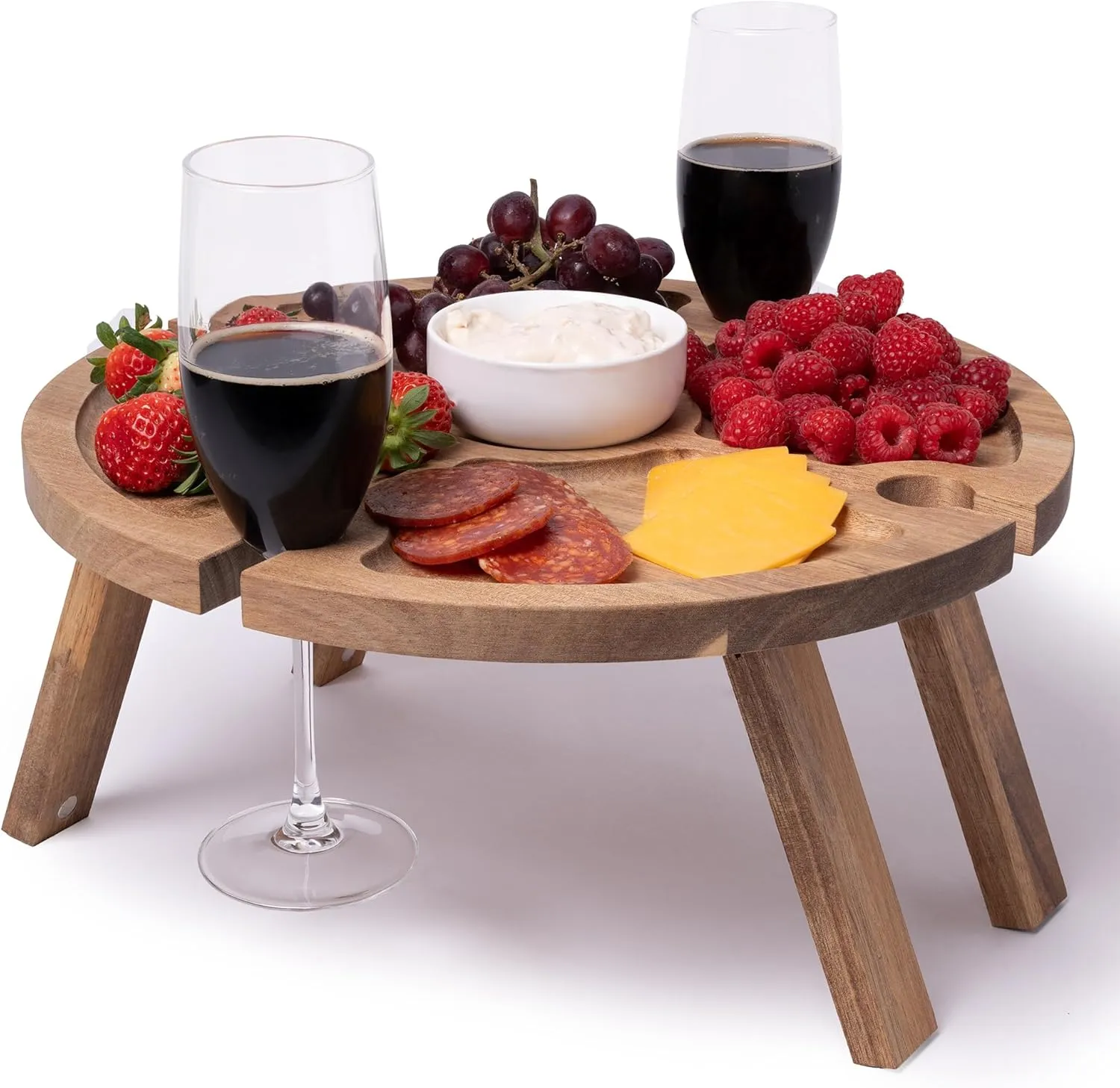 Portable Wine Picnic Table with 4 Wine Glasses Holder, Acacia Natural Wood Foldable Champagne Picnic Snack Table Tray, Perfect for Beach, Camping, Park, Concerts - Ideal Wine Gift for Men & Women