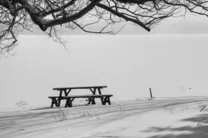 Posterazzi Picnic table beside frozen lake Waterloo Quebec Canada Poster Print, (19 x 12)