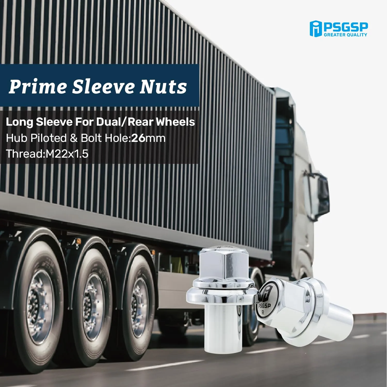 Prime Sleeve Wheel Nuts M22x1.5 Chrome for Heavy Duty Truck, Semi Truck, Trailer or Bus Fit Dual or Rear Alcoa Aluminum Wheels with Hub Piloted & Bolt Hole : 26mm -Pack of 20