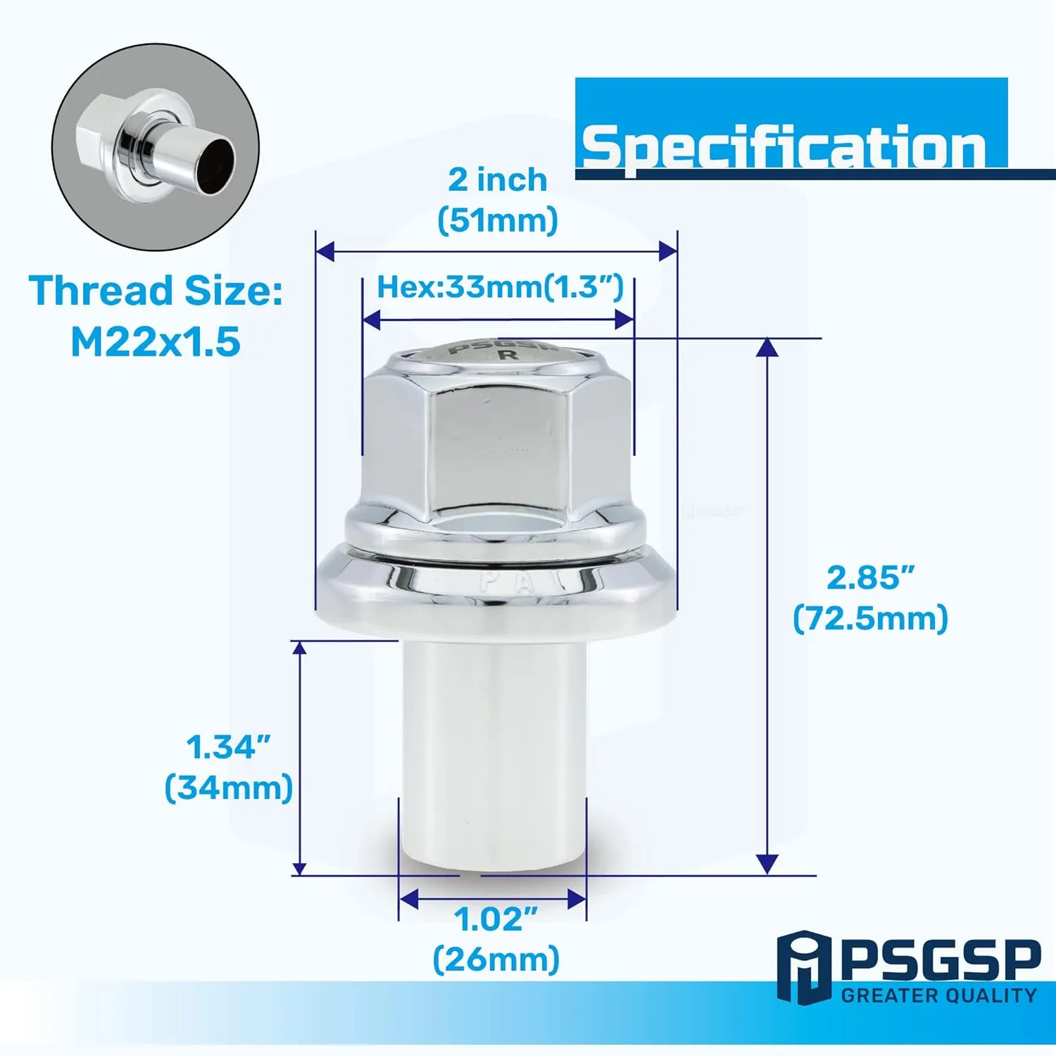 Prime Sleeve Wheel Nuts M22x1.5 Chrome for Heavy Duty Truck, Semi Truck, Trailer or Bus Fit Dual or Rear Alcoa Aluminum Wheels with Hub Piloted & Bolt Hole : 26mm -Pack of 20