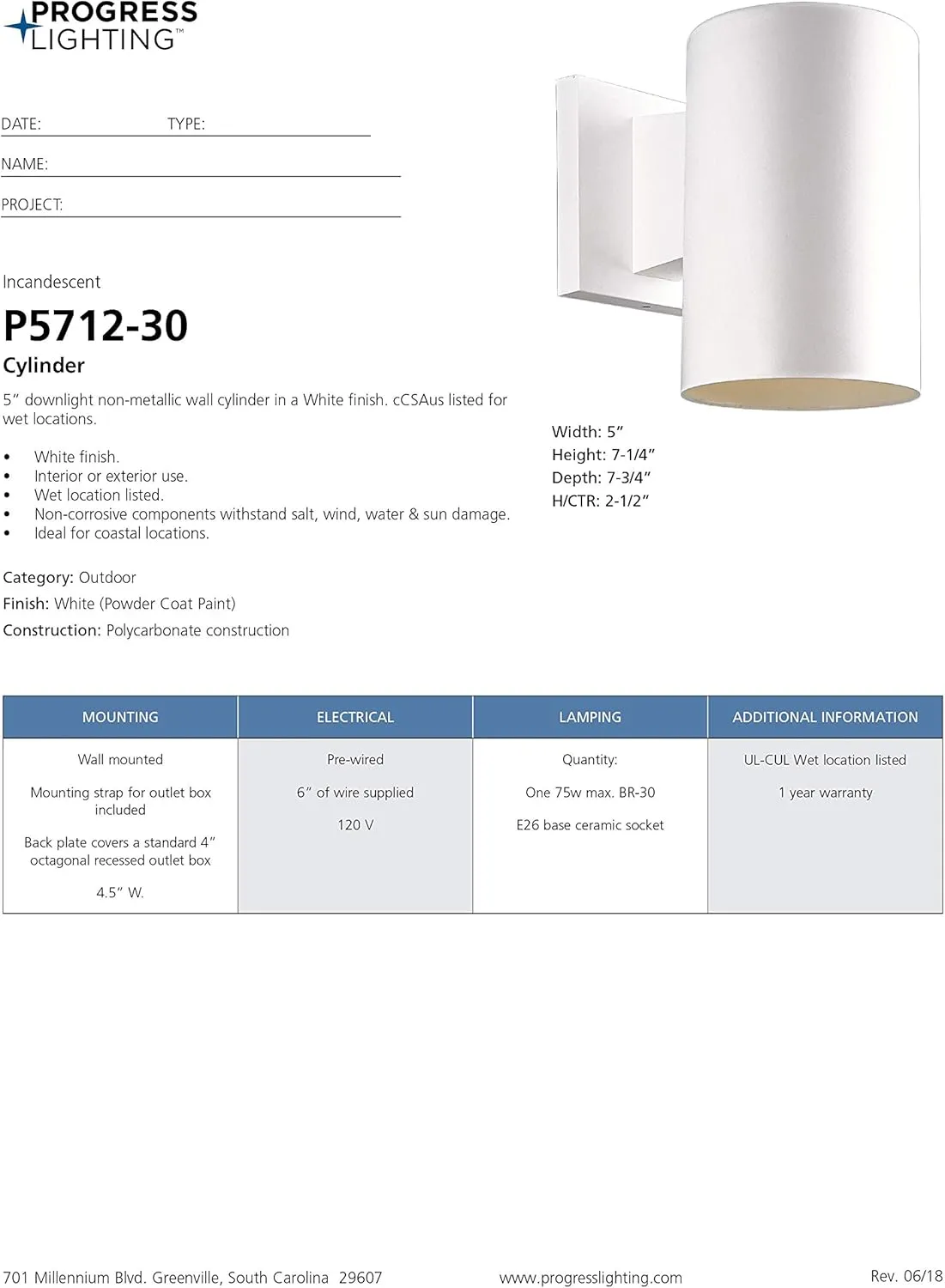 Progress Lighting P5712-30 5in Cylinder Modern Outdoor Wall Lantern Light, 7-1/4 Inch Tall, White
