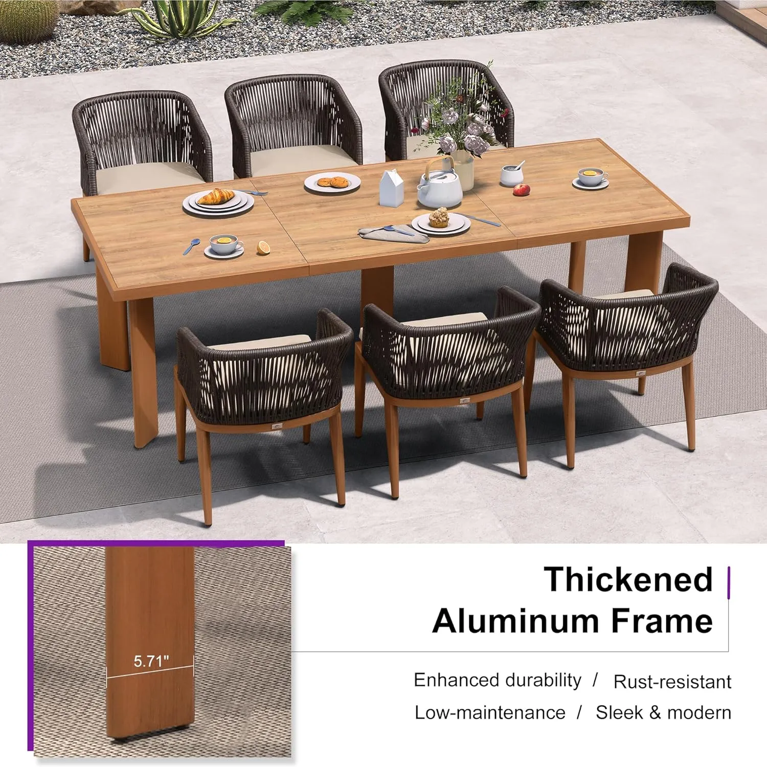 PURPLE LEAF 7 Pieces Outdoor Dining Set Patio Furniture Set Aluminum Wicker Rattan Patio Table and Chairs for Lawn Garden Porch Brown