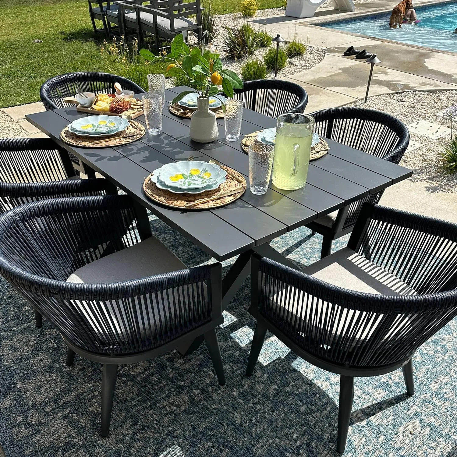 PURPLE LEAF Patio Dining Set for 6 All-Weather Wicker 7 Piece Aluminium Outdoor Table and Chairs Set Included Cushions for Backyard Indoor Decor Kitchen Modern Outdoor Furniture Set Grey and Navy