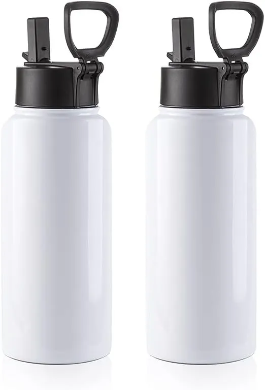 PYD Life 2 Pack Sublimation Blank Tumbler 32 OZ White Vacuum Flask Stainless Steel Sports Wide Mouth Water Bottle with Straw and Portable Handle