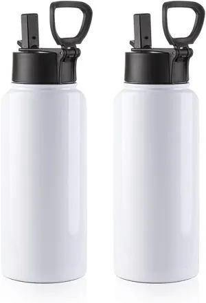 PYD Life 2 Pack Sublimation Blank Tumbler 32 OZ White Vacuum Flask Stainless Steel Sports Wide Mouth Water Bottle with Straw and Portable Handle