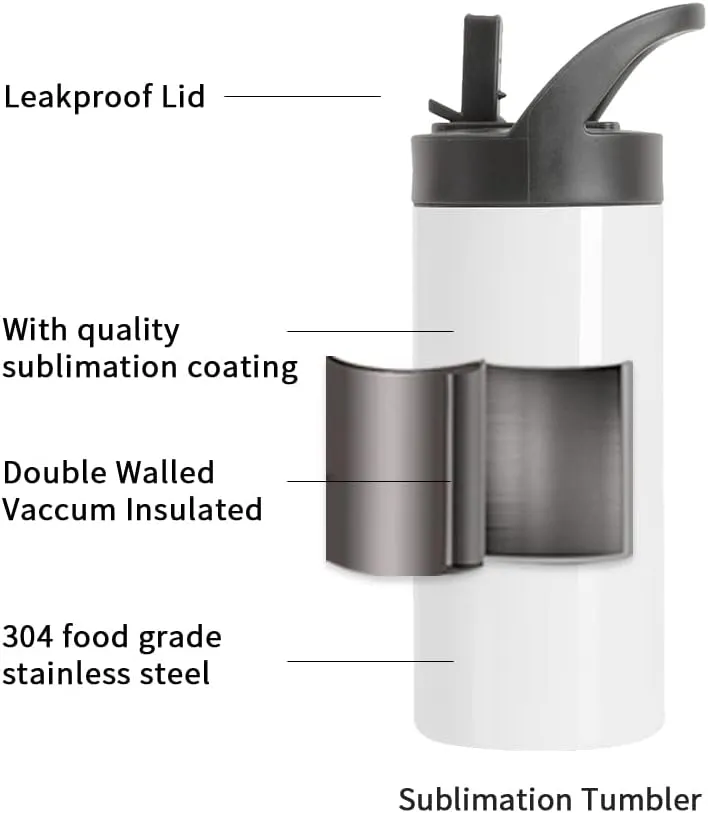 PYD Life 4 Pack Sublimation Sports Kids Water Bottle Blanks 16 OZ White Stainless Steel Vacuum Flask Tumblers Cups with Sippy Up Lid and Straw for Tumbler Heat Press Sublimation Printing