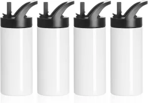 PYD Life 4 Pack Sublimation Sports Kids Water Bottle Blanks 16 OZ White Stainless Steel Vacuum Flask Tumblers Cups with Sippy Up Lid and Straw for Tumbler Heat Press Sublimation Printing