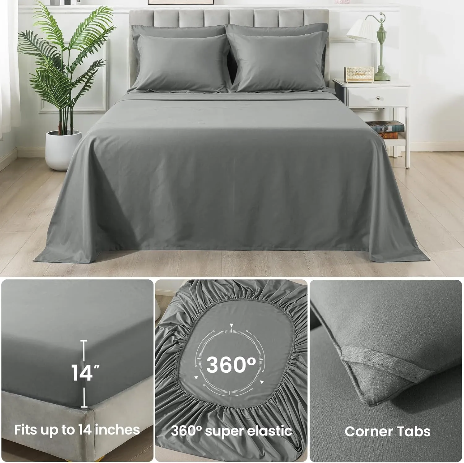 Queen Size Comforter Set, 7 Pieces Bed in a Bag, Bedding Sets with All Season Soft Quilted Lightweight Comforter, Flat Sheet, Fitted Sheet, 2 Pillow Shams, 2 Pillowcases, Light Grey