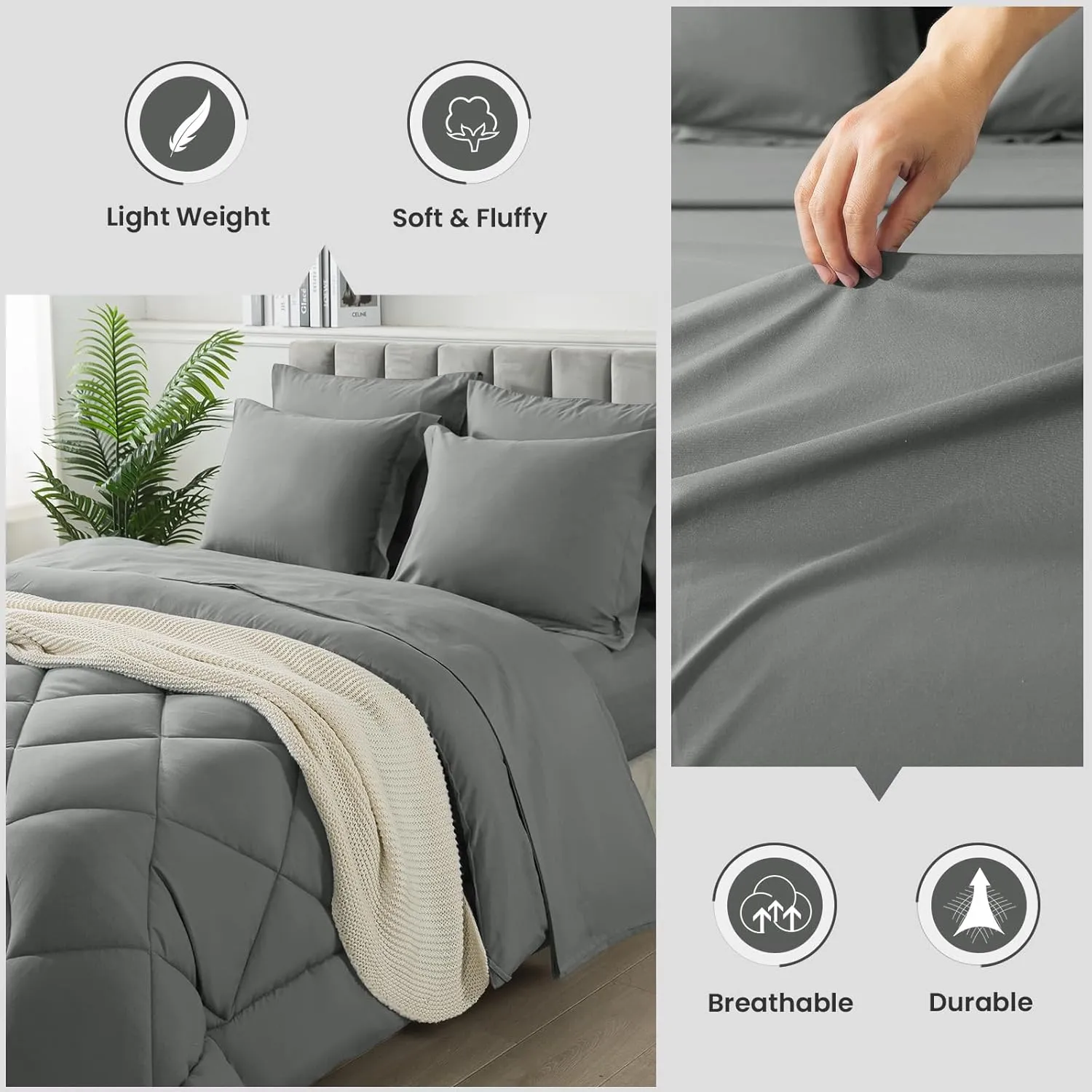 Queen Size Comforter Set, 7 Pieces Bed in a Bag, Bedding Sets with All Season Soft Quilted Lightweight Comforter, Flat Sheet, Fitted Sheet, 2 Pillow Shams, 2 Pillowcases, Light Grey
