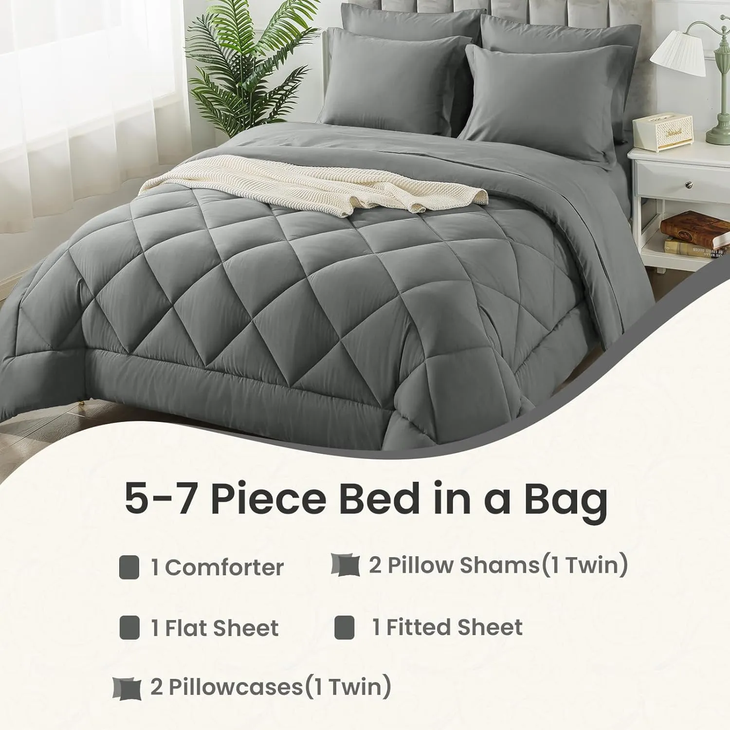 Queen Size Comforter Set, 7 Pieces Bed in a Bag, Bedding Sets with All Season Soft Quilted Lightweight Comforter, Flat Sheet, Fitted Sheet, 2 Pillow Shams, 2 Pillowcases, Light Grey