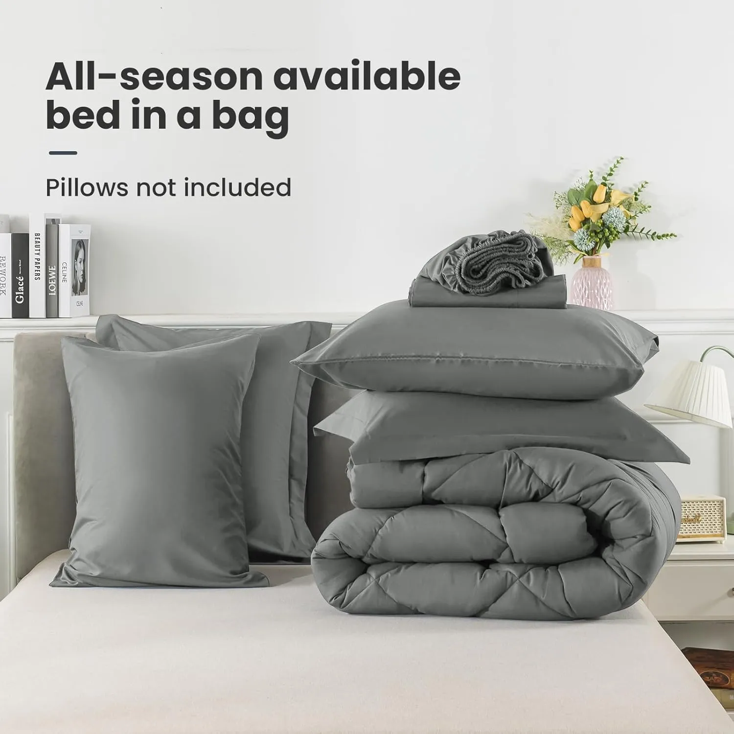 Queen Size Comforter Set, 7 Pieces Bed in a Bag, Bedding Sets with All Season Soft Quilted Lightweight Comforter, Flat Sheet, Fitted Sheet, 2 Pillow Shams, 2 Pillowcases, Light Grey