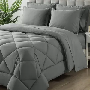 Queen Size Comforter Set, 7 Pieces Bed in a Bag, Bedding Sets with All Season Soft Quilted Lightweight Comforter, Flat Sheet, Fitted Sheet, 2 Pillow Shams, 2 Pillowcases, Light Grey