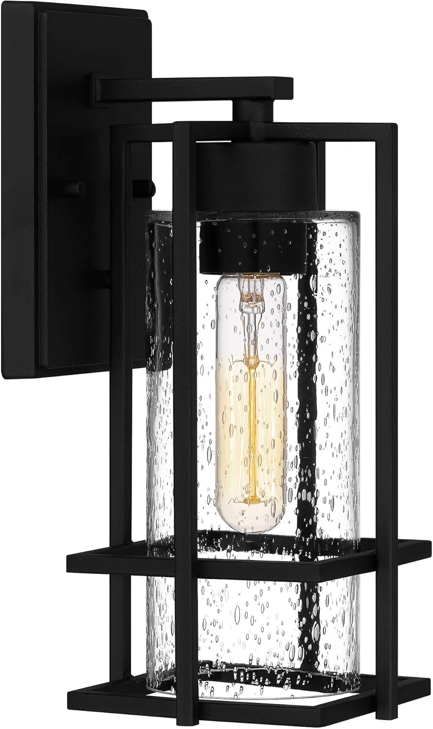 Quoizel Damien Outdoor Wall Lantern, Coastal Armour 12.25 Inch 1-Light Earth Black Wall Sconce, Clear-Seeded Glass Exterior Wall Lantern Fixture, Outside Lights for Patio, Porch, Garage or Yard