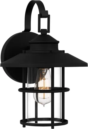 Quoizel Lombard Vintage Outdoor Wall Lantern, Coastal Armour 14 Inch 1-Light Matte Black Wall Sconce, Clear Glass, 100W, Transitional Outside Lights for Patio, Porch, Garage or Yard