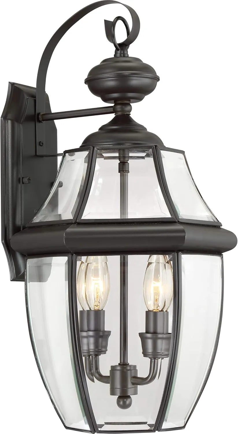 Quoizel Newbury Outdoor Wall Lantern, 20 Inch 2-Light Medici Bronze Wall Sconce, French Country Exterior Wall Lantern Fixture, E12 Base, Clear Glass, Outside Lights for Patio, Porch, Garage or Yard