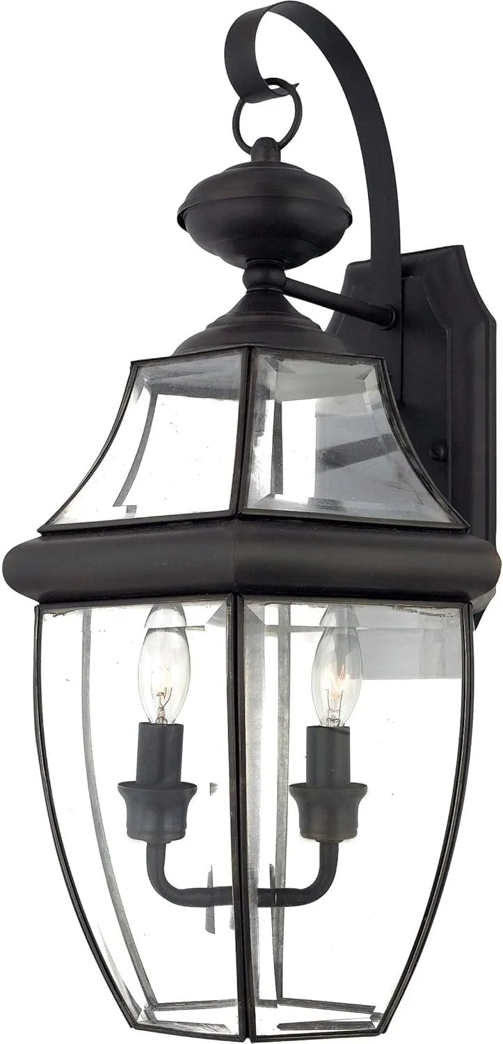 Quoizel Newbury Outdoor Wall Lantern, 20 Inch 2-Light Medici Bronze Wall Sconce, French Country Exterior Wall Lantern Fixture, E12 Base, Clear Glass, Outside Lights for Patio, Porch, Garage or Yard